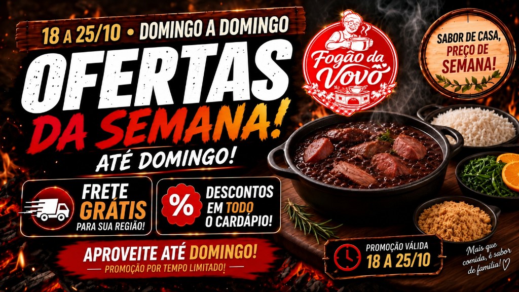 Ofertas da semana até domingo, comida caseira, frete grátis e descontos.